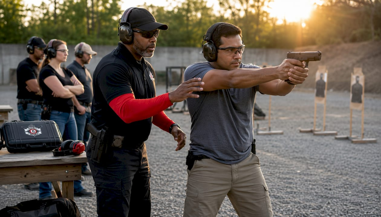 Firearm safety training session at indoor range