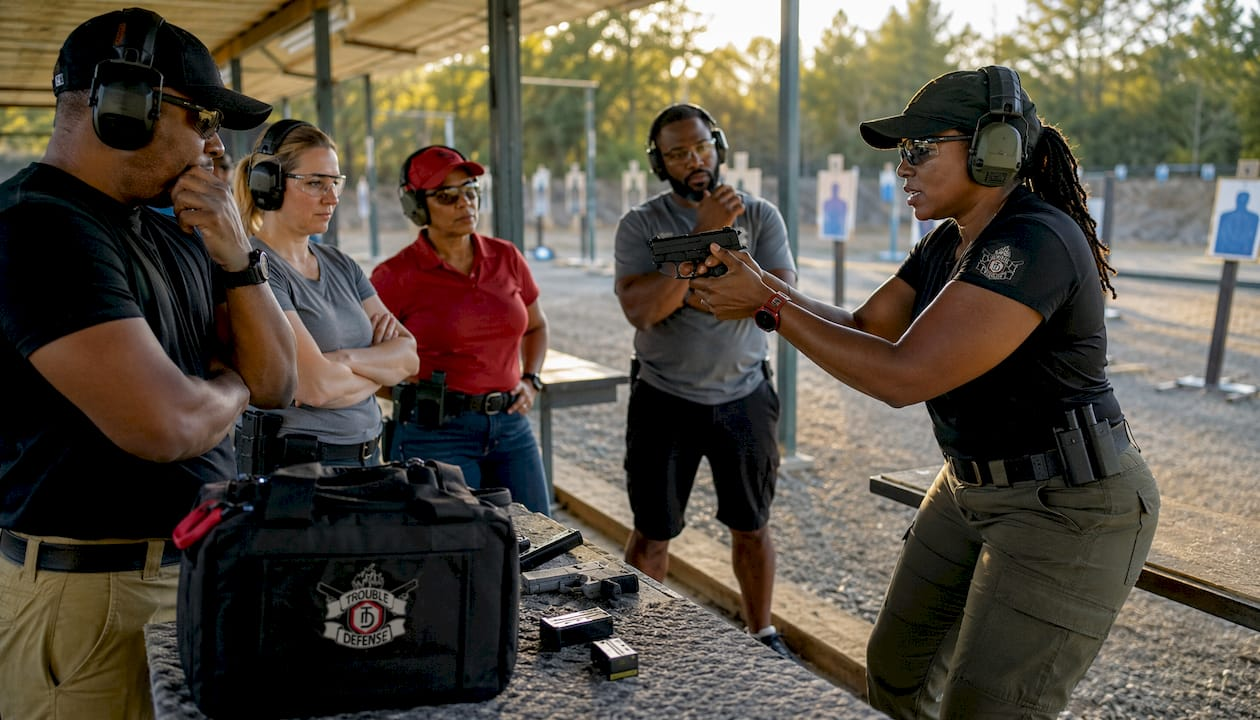 Instructor teaching concealed carry class at shooting range