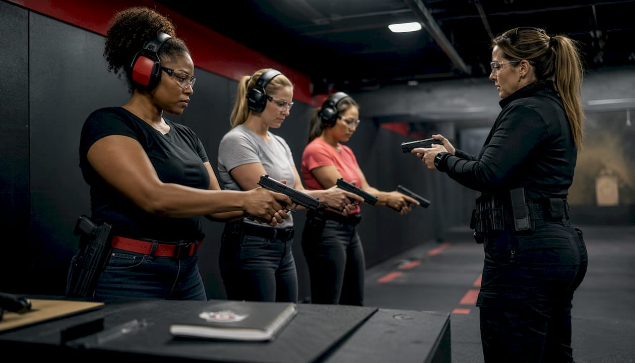 Diverse women practice safe firearm training at indoor range
