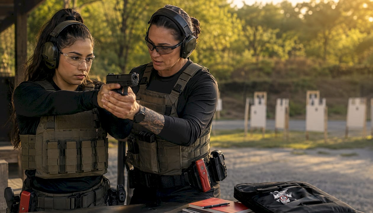 Female instructor guides young woman in firearm handling