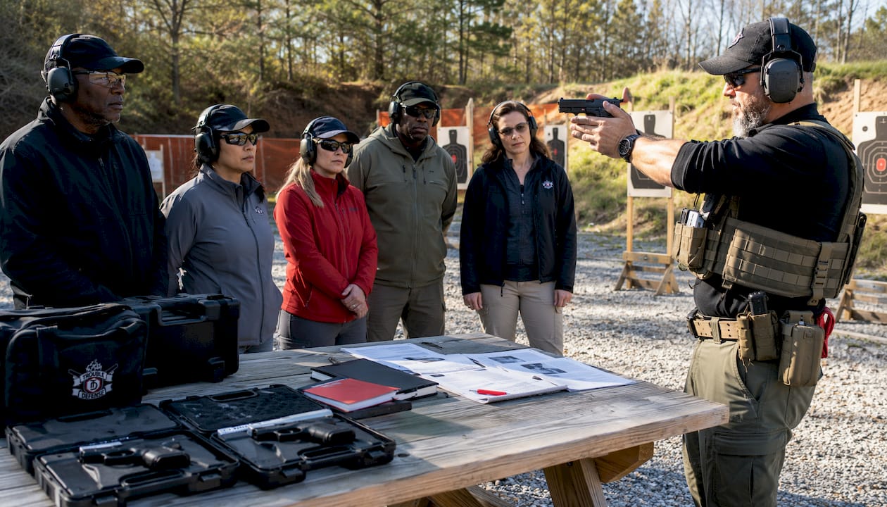 Group at shooting range practicing safe handgun handling