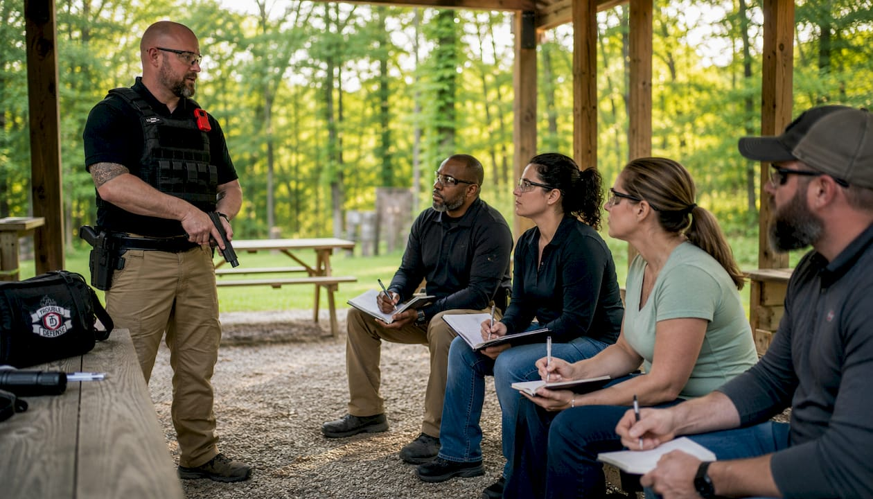 Instructor teaching firearm safety to diverse adults
