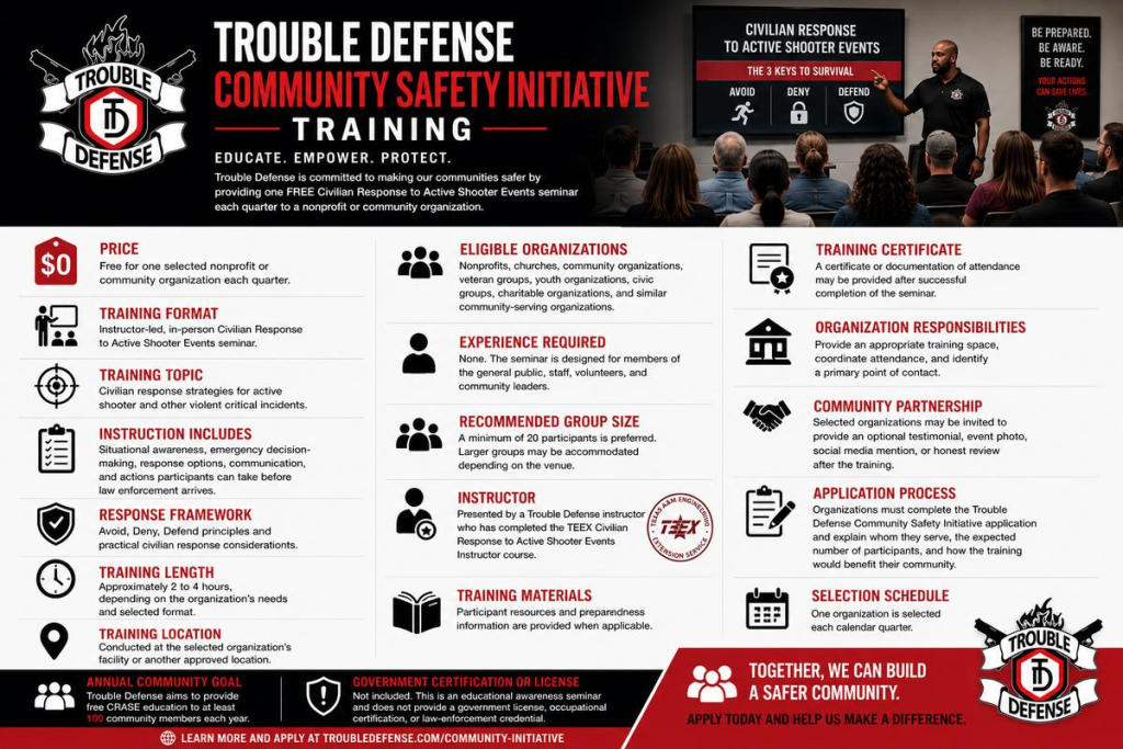 Trouble Defense Community Safety Initiative information graphic showing the free quarterly CRASE seminar, eligible community organizations, and safety education goals