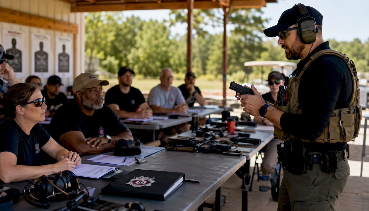 Firearms instructor teaching safe firearm handling indoors