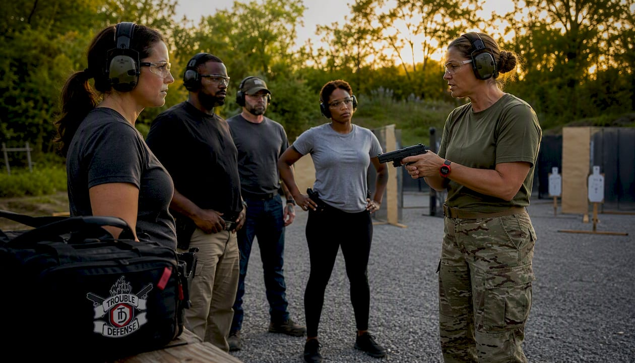 Veteran instructor guiding CCW students at shooting range