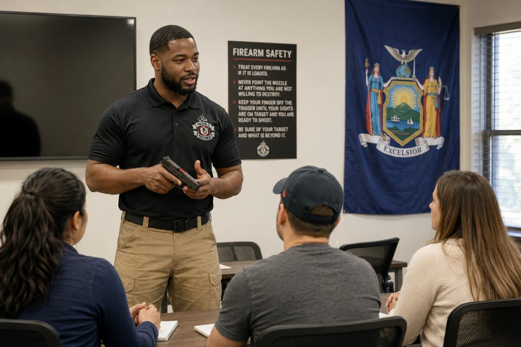 Illustration of a Trouble Defense New York CCW classroom instructor teaching firearm safety