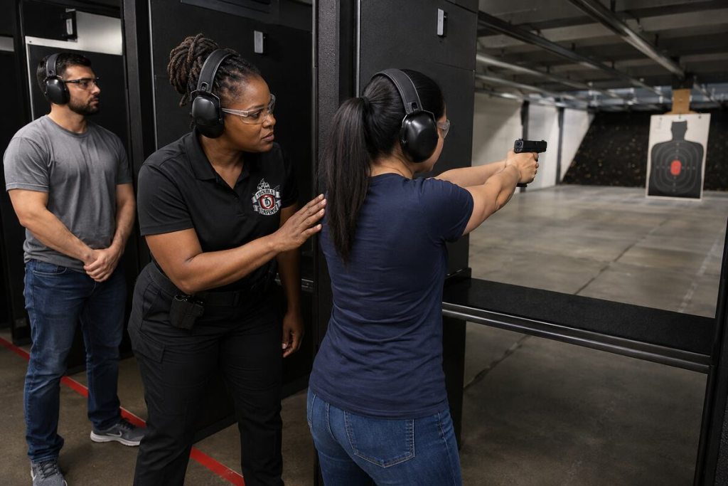 Illustration of a Trouble Defense instructor guiding a New York CCW student on an indoor firing range