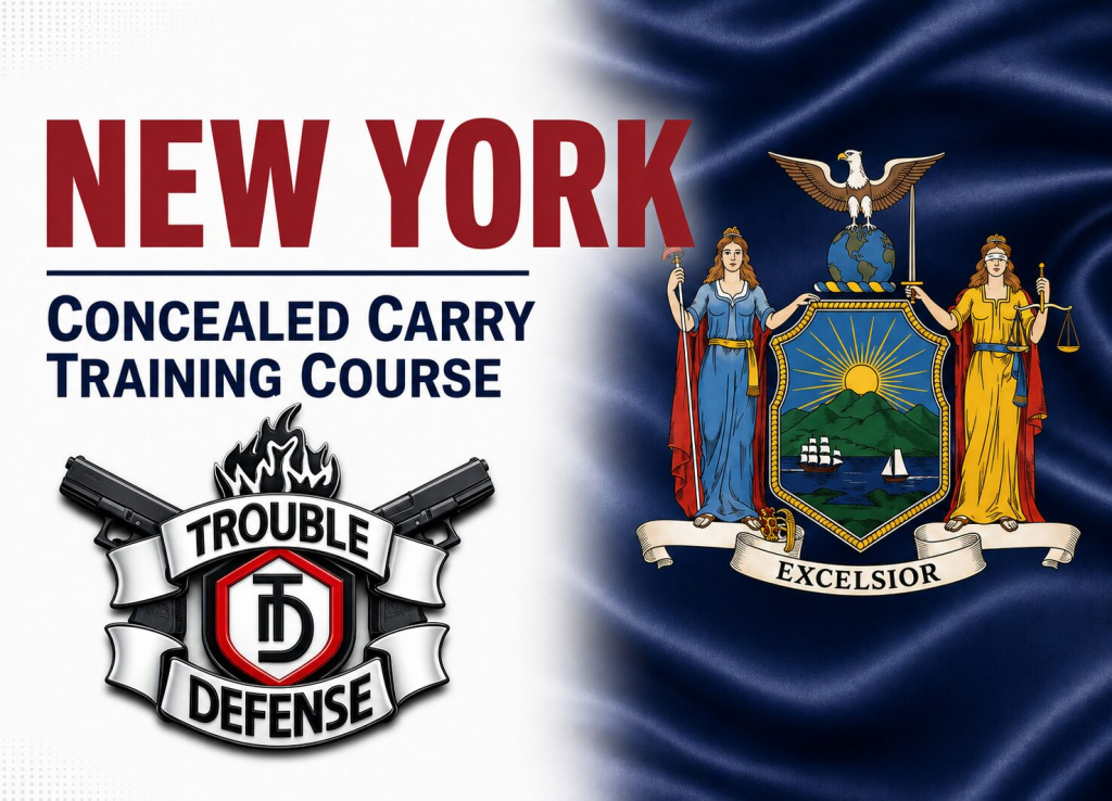 Trouble Defense official New York concealed carry training banner with New York State seal