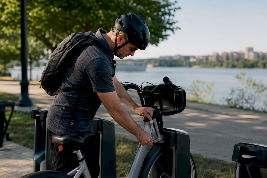 Cyclist unlocking bike near trailhead