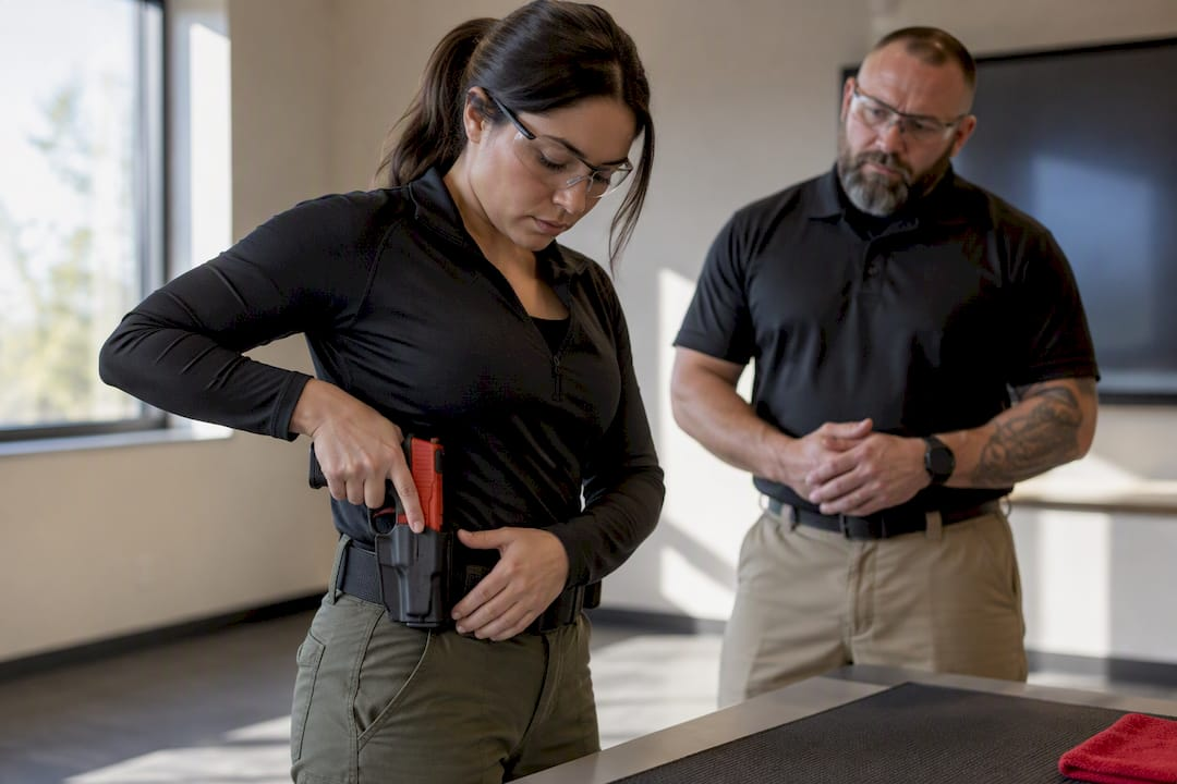 Instructor supervising safe firearm reholstering
