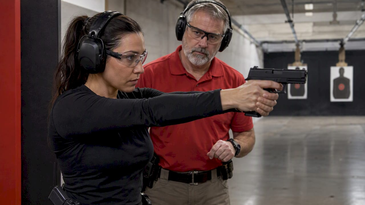 Instructor evaluating student shooting stance