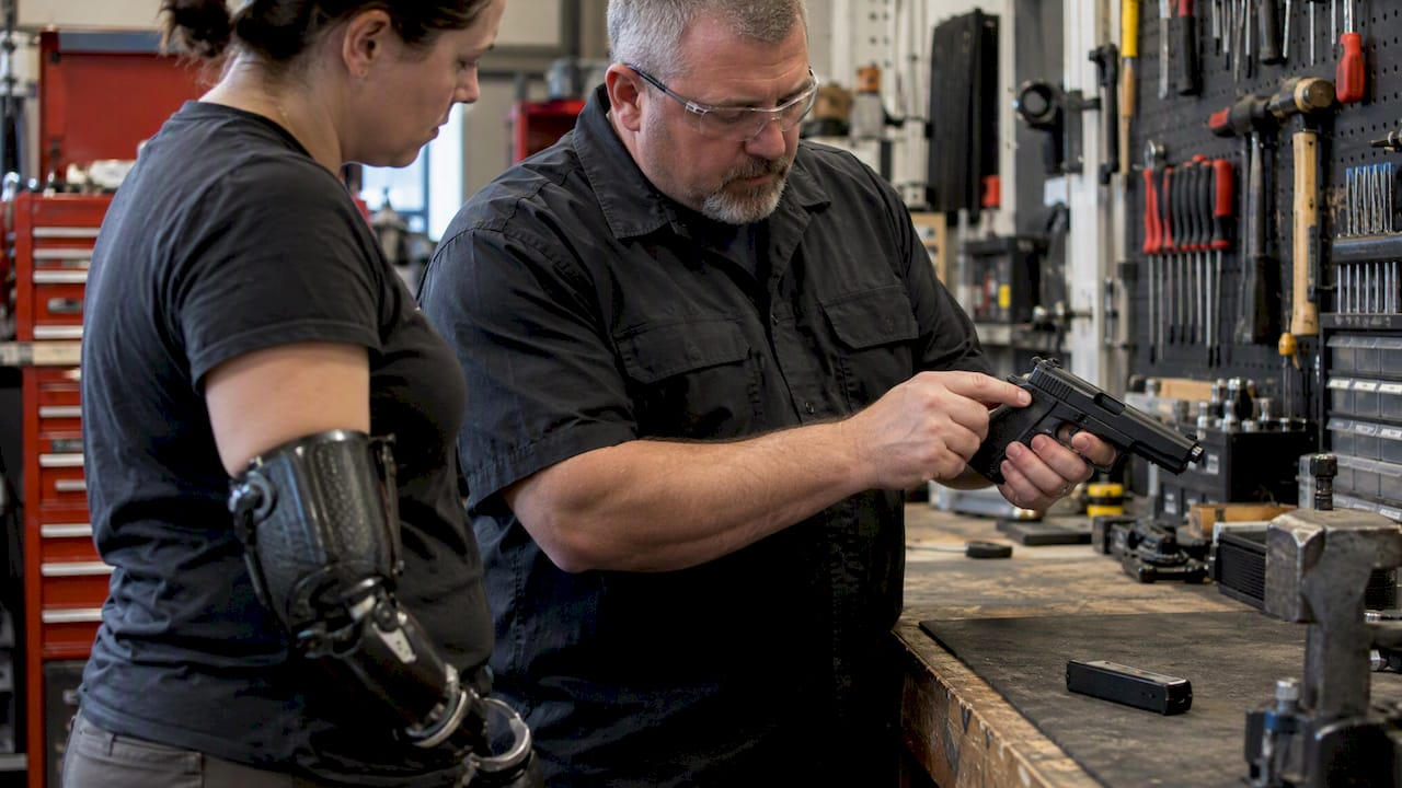 Gunsmith inspecting an adaptive firearm control