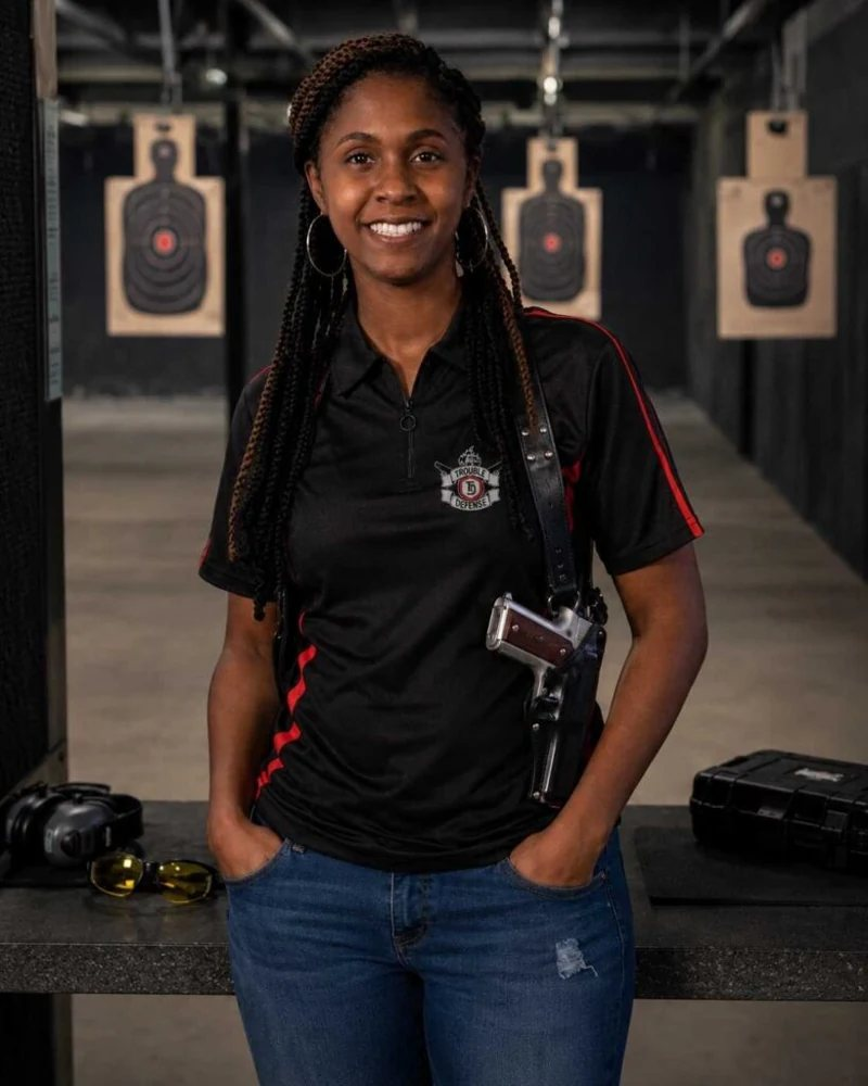 Trouble Defense instructor Sheena Parker at an indoor training range