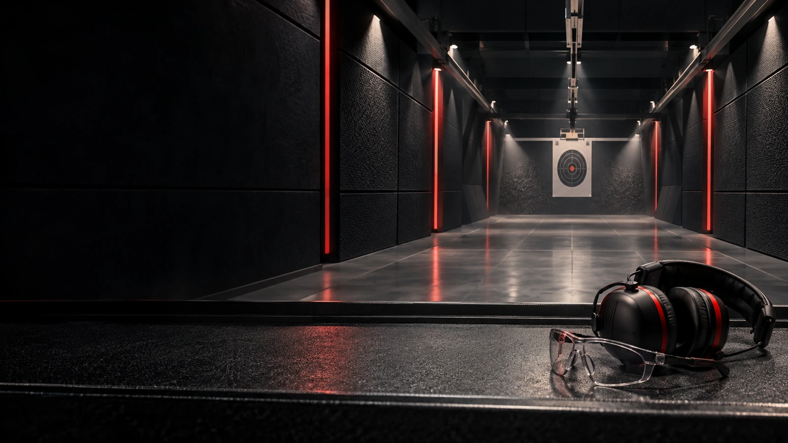 Illustrative indoor target range with red accent lighting, hearing protection, and safety glasses.