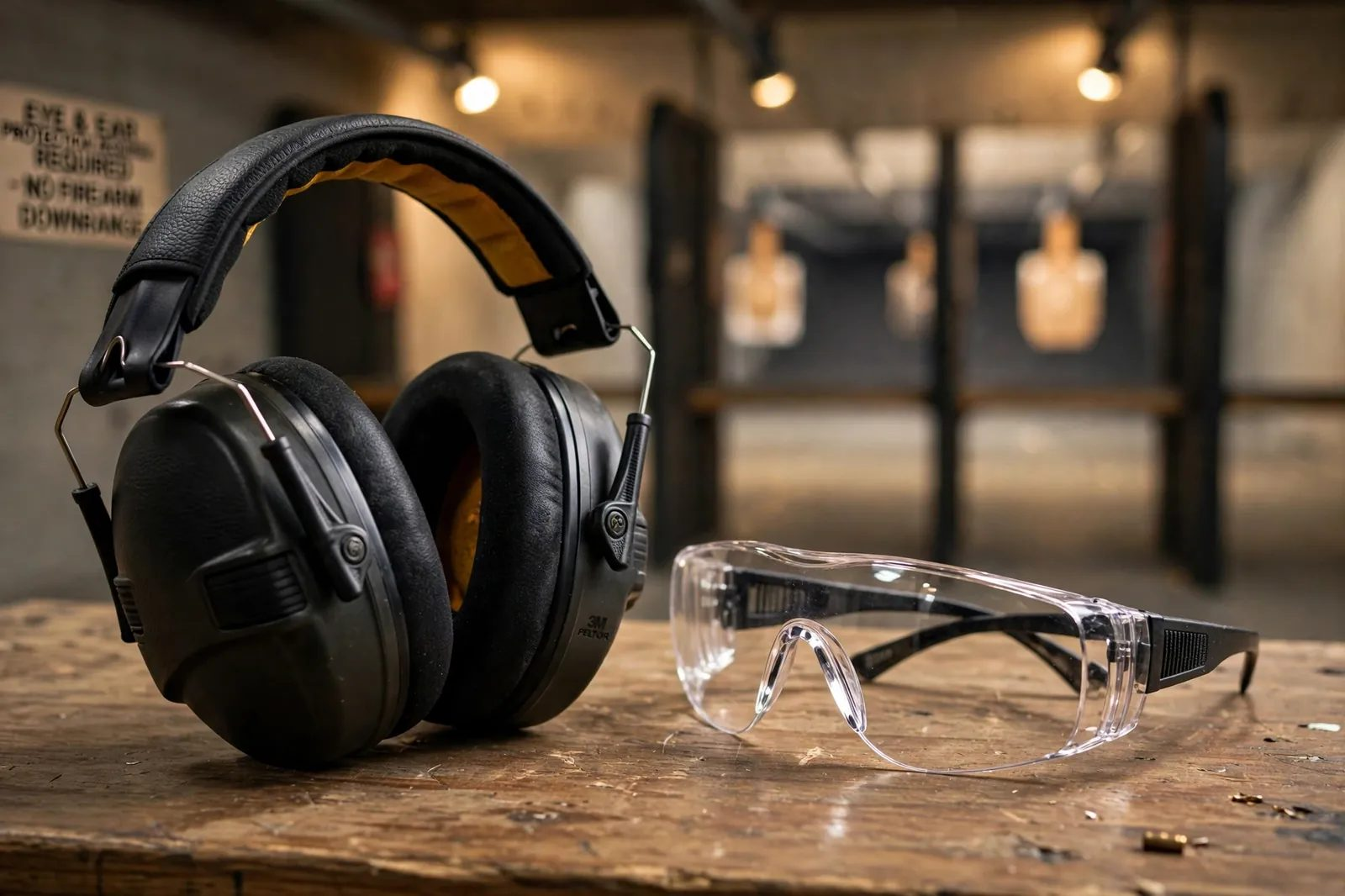 Ear and eye protection ready on the bench at a first shooting class