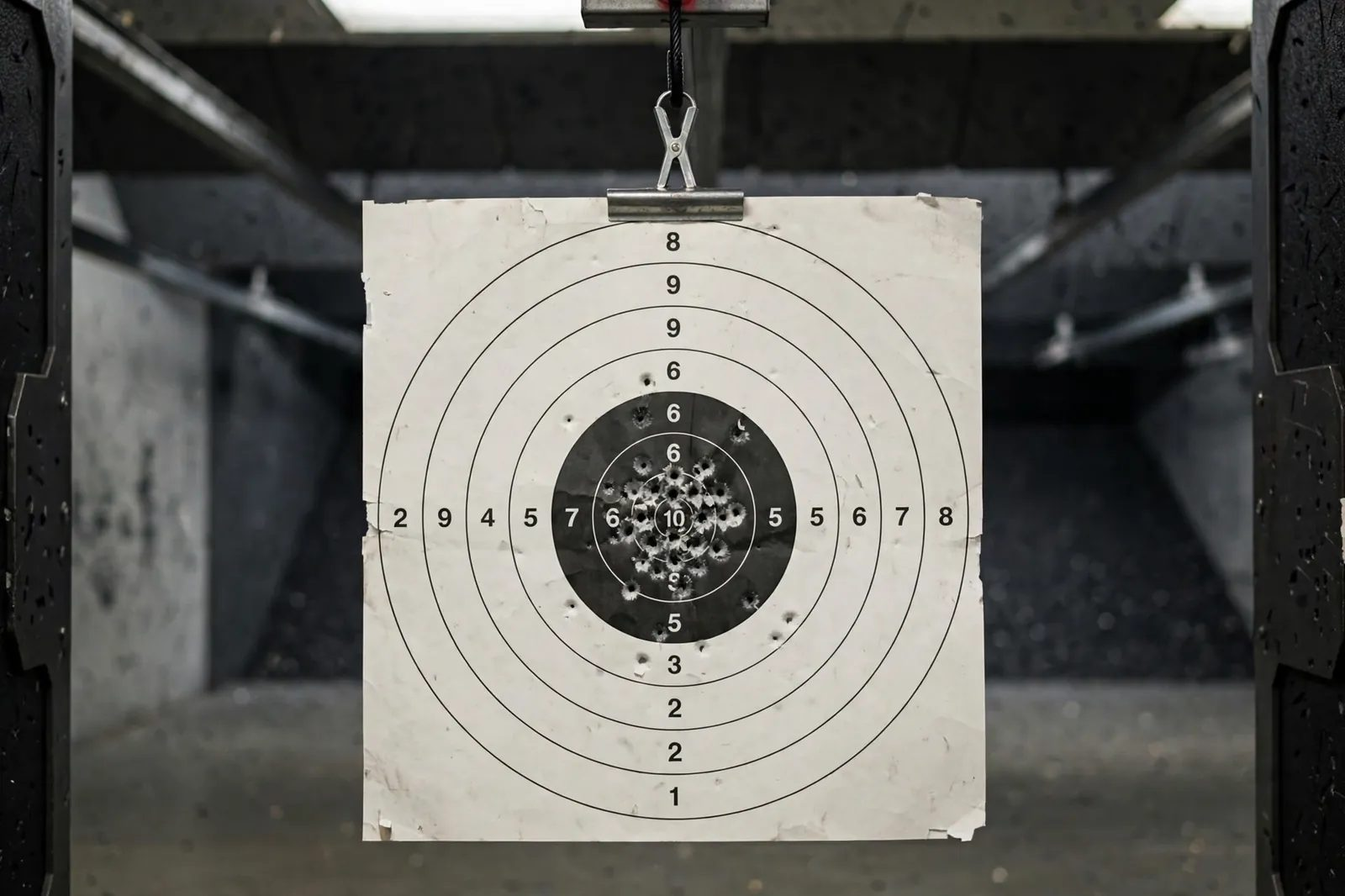 Paper target with a tight shot grouping from a first shooting class session