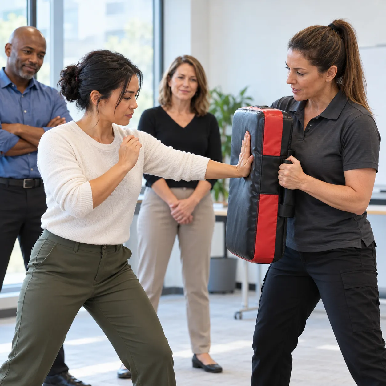 Illustrative employee self-defense workshop with instructor-led pad practice